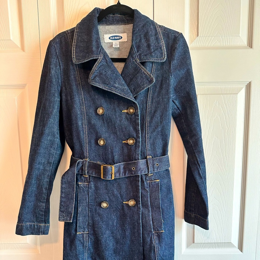 Long denim jacket with belt